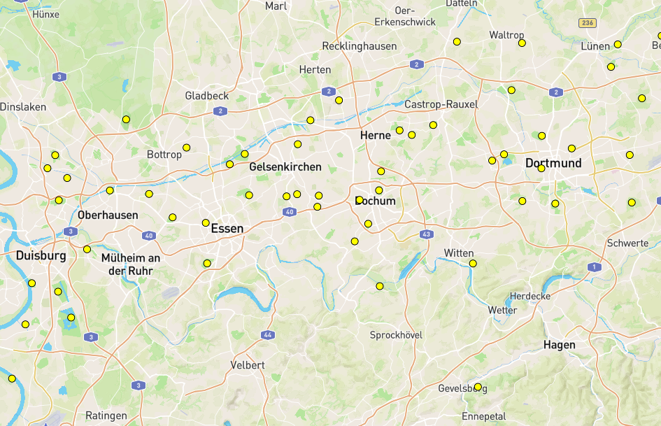 Ausschnitt einer POTA-Karte des Ruhrgebiets mit zahlreichen gelben Sternen als Parkmarkierungen
