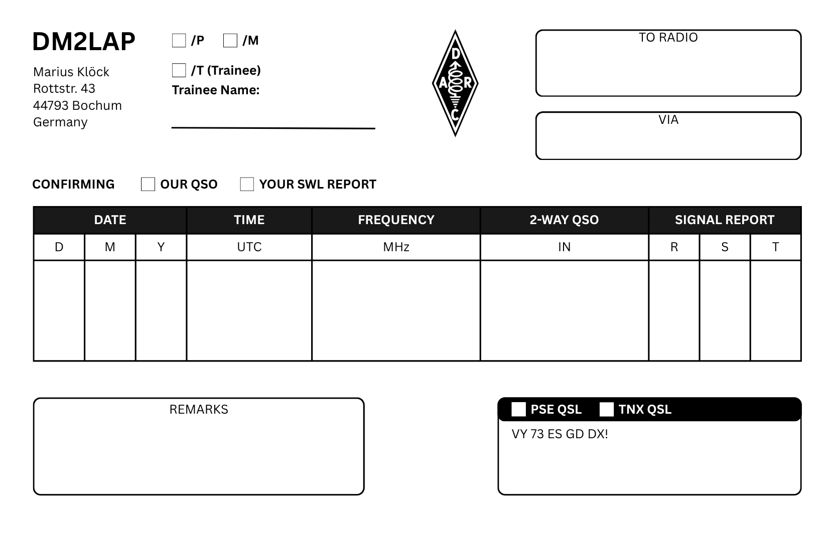 QSL-Karte DM2LAP – Rückseite mit Kontaktfeldern